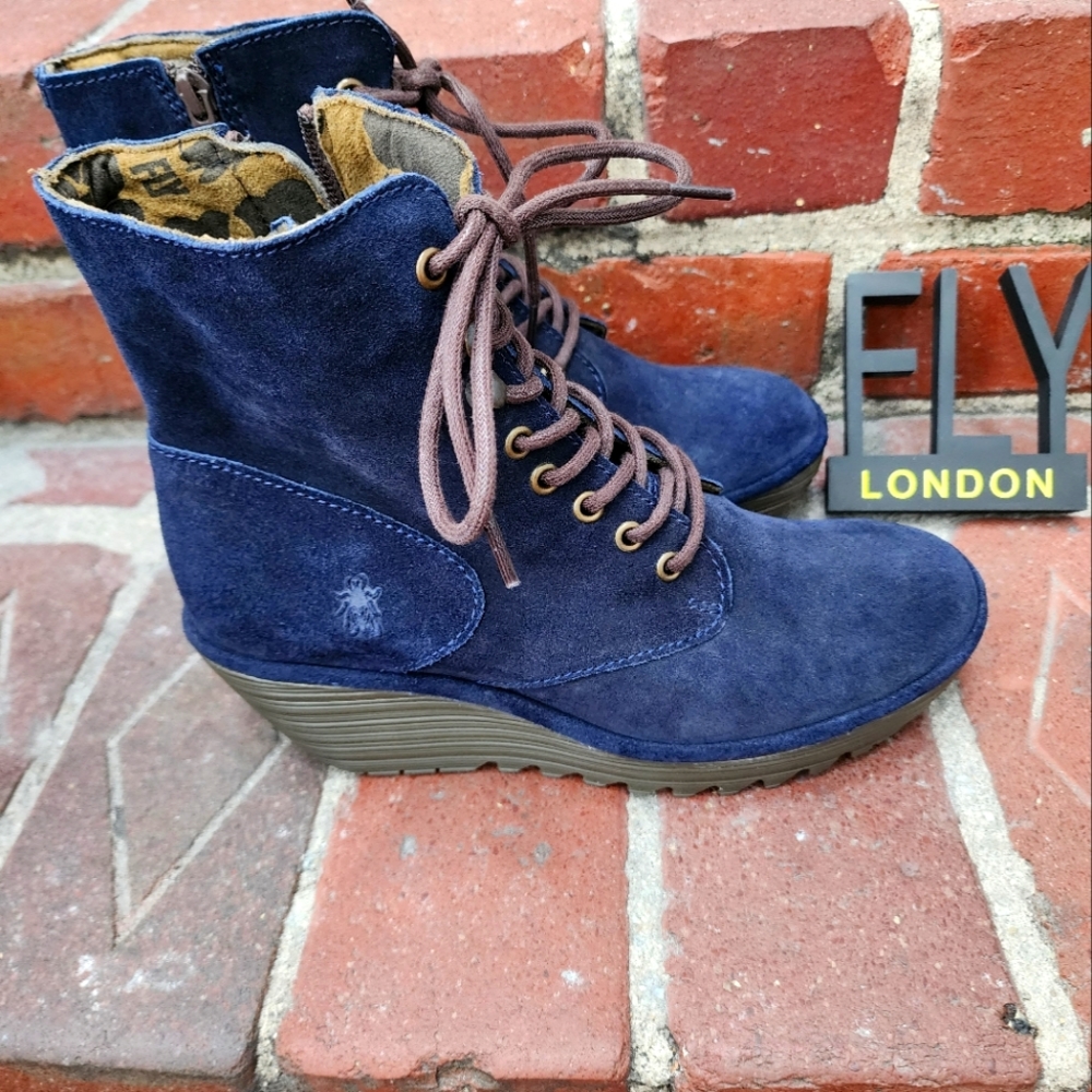 Fly London navy suede lace-up boots, size 9.